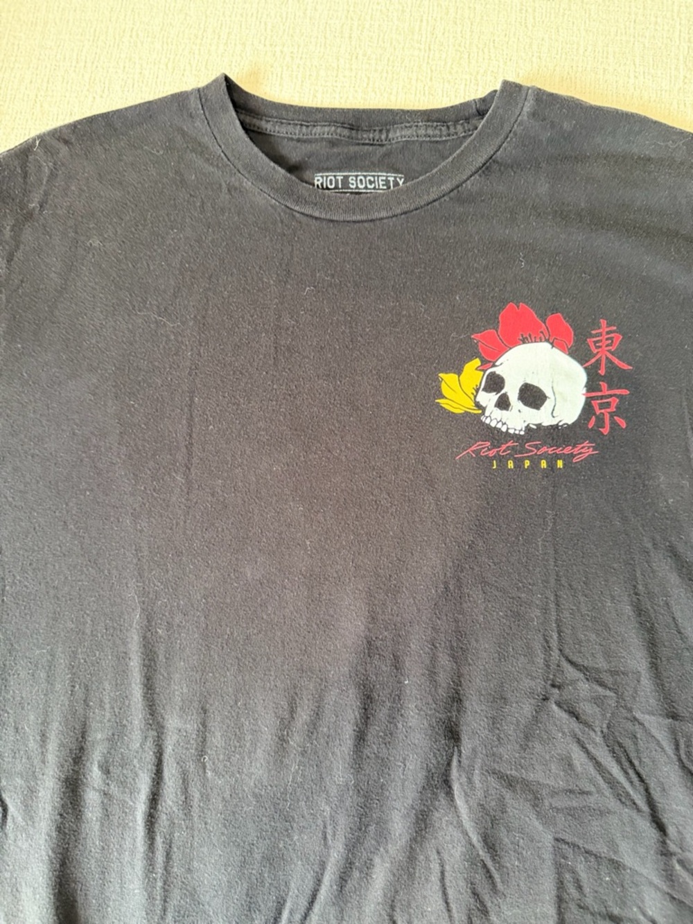 riot society Black Tee with Skull & Red Yellow Floral Accent